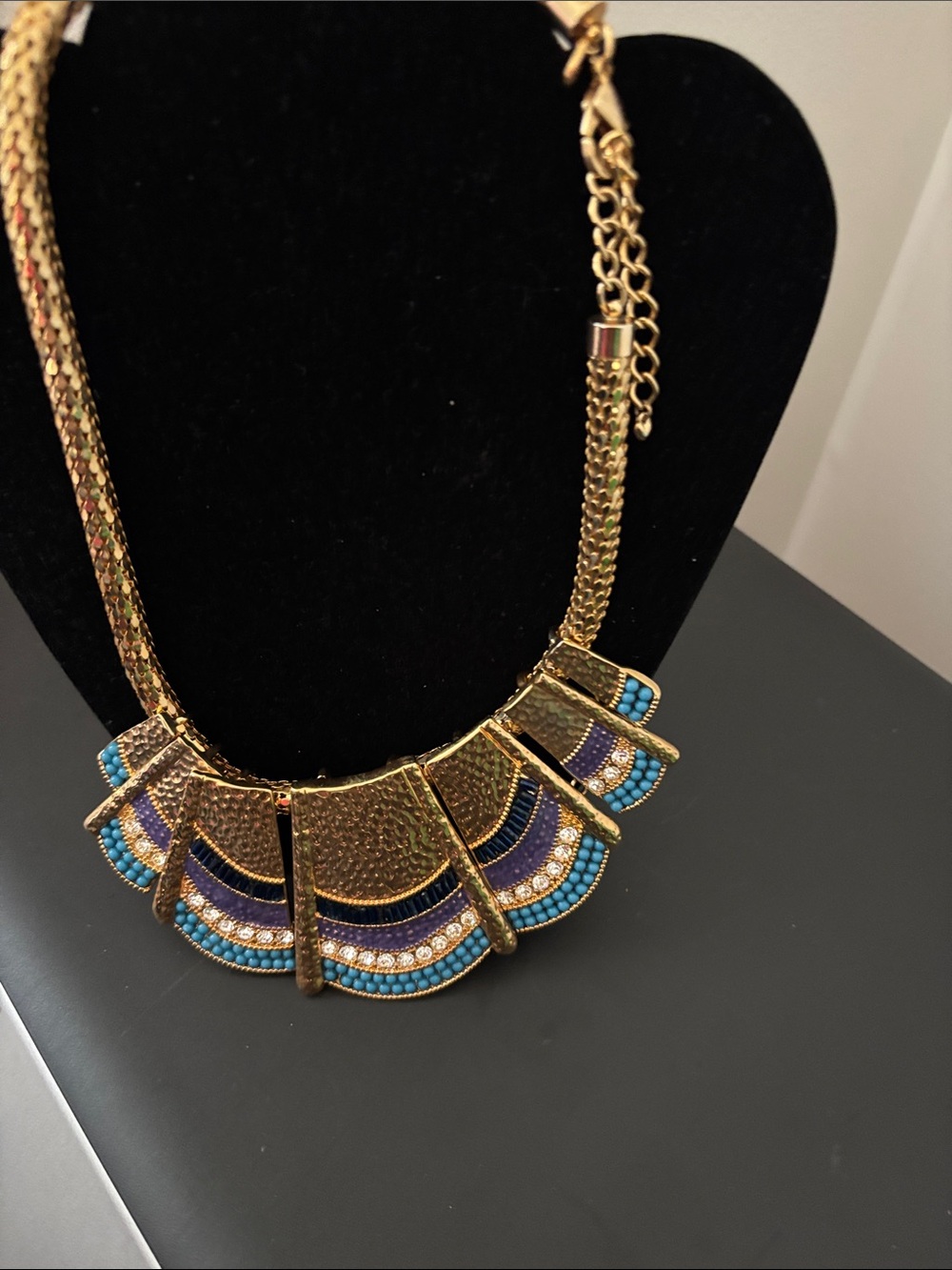 Gold Tone Statement Necklace with Blue and Purple Bead Accents